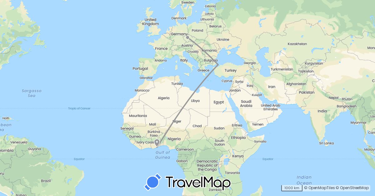 TravelMap itinerary: driving, plane in Czech Republic, Ghana, Turkey (Africa, Asia, Europe)